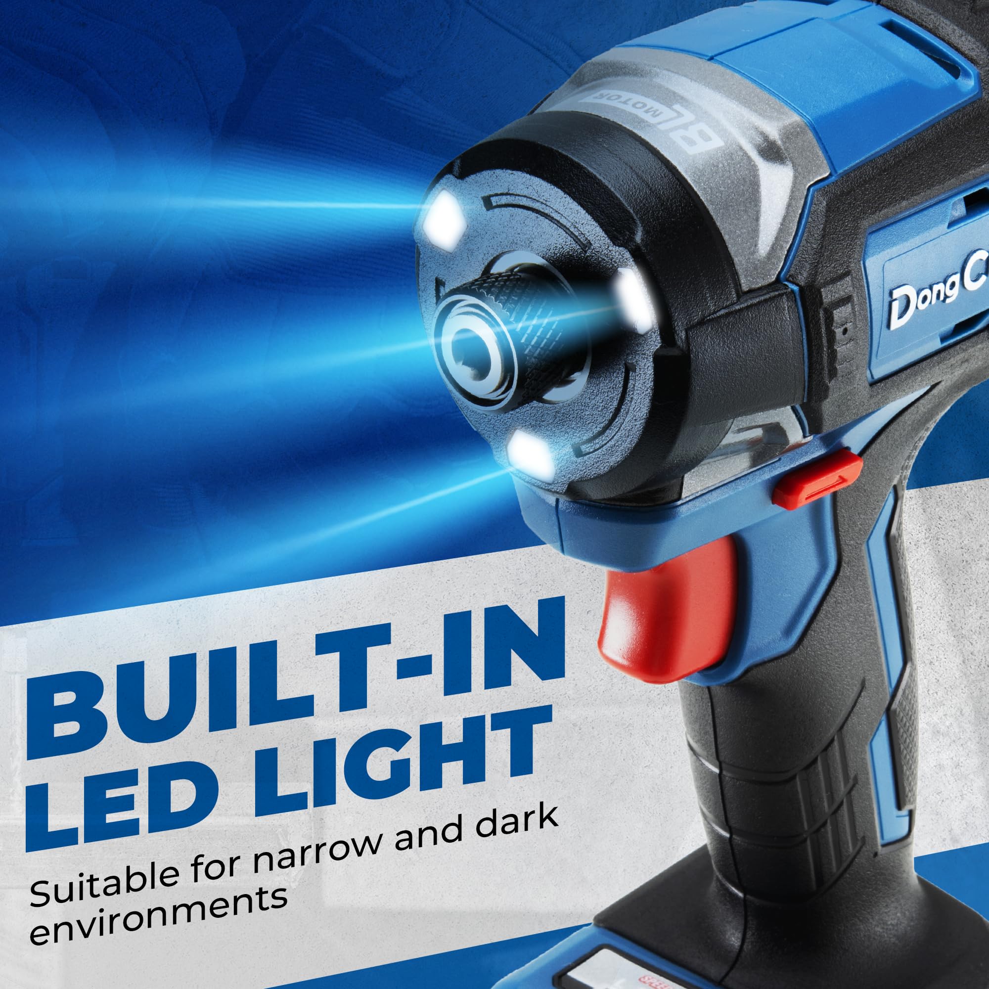 Dong Cheng 20V triple LED light illuminates the work area.