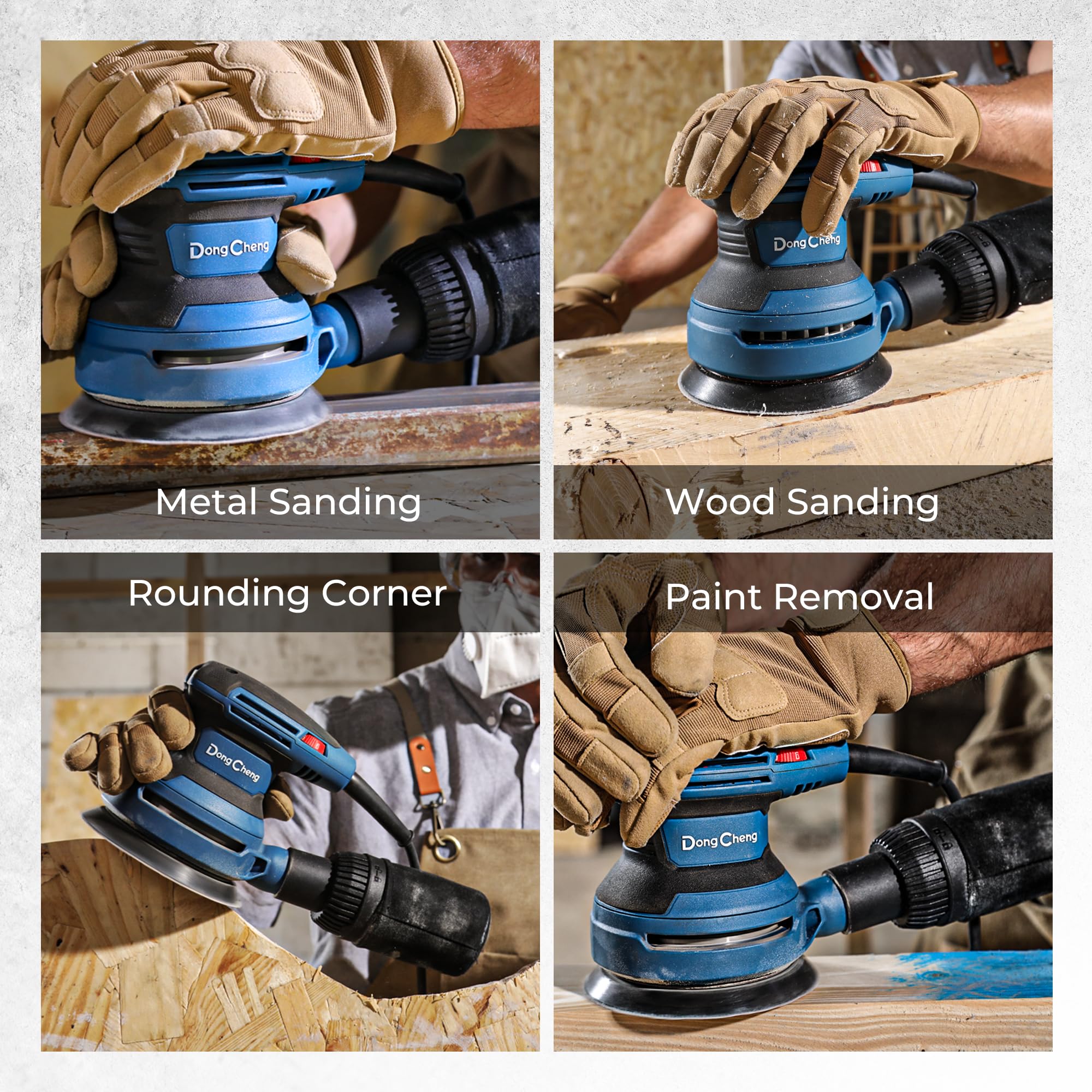 Dong Cheng ergonomic rubber handle boosts grip during vertical or horizontal sanding.