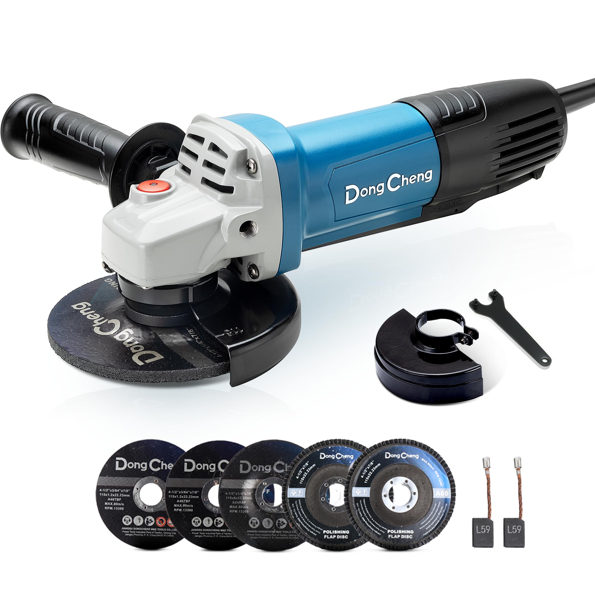 DongCheng angle grinder front view with compact 800W design for versatile metalwork