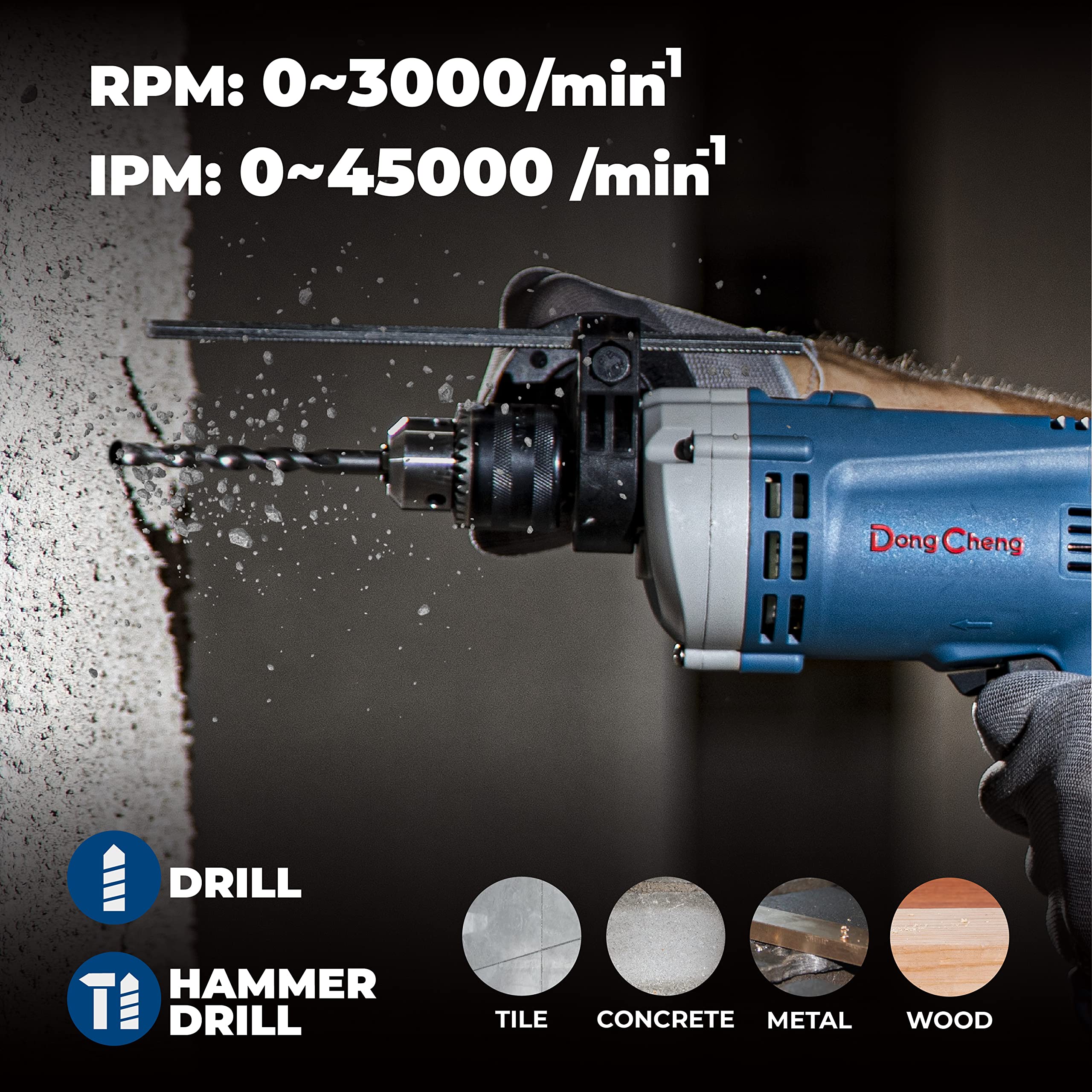 DongCheng Hammer Drill 6A chuck key in use for quick bit changes
