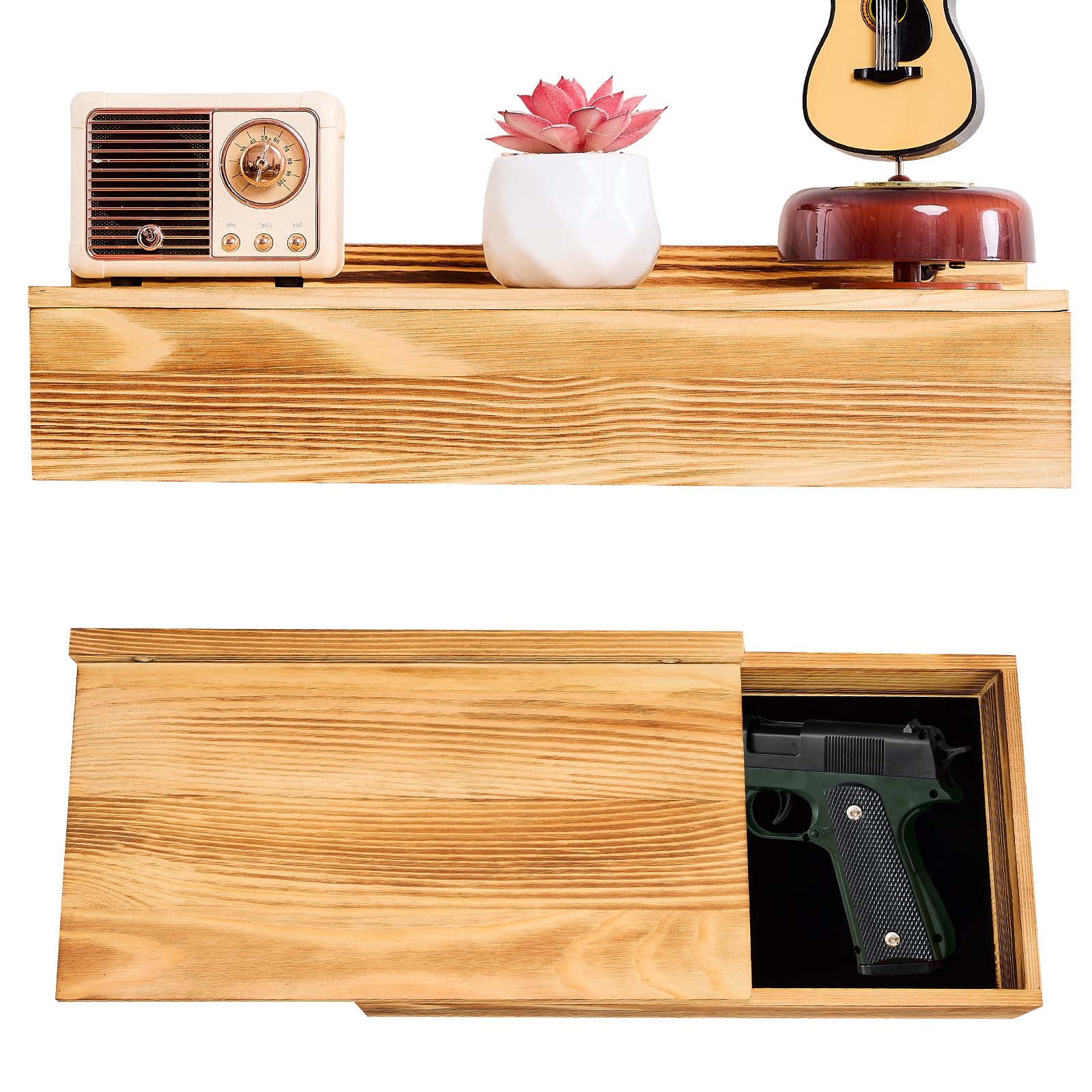 Dononr hidden gun storage shelf front view shows discreet concealment and oak finish.
