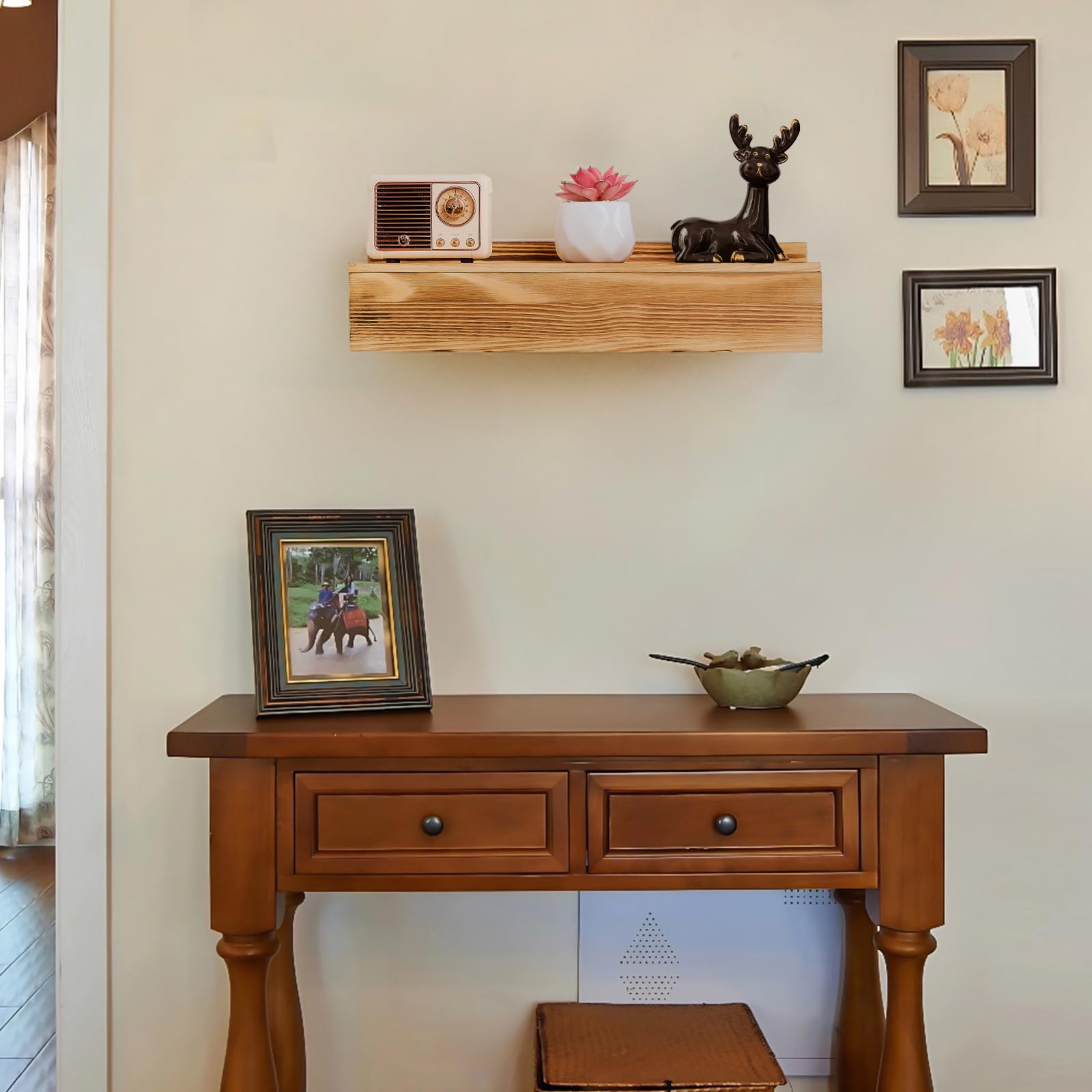 Dononr hidden-shelf-upper-decor-display demonstrates dual function as decor and concealment.