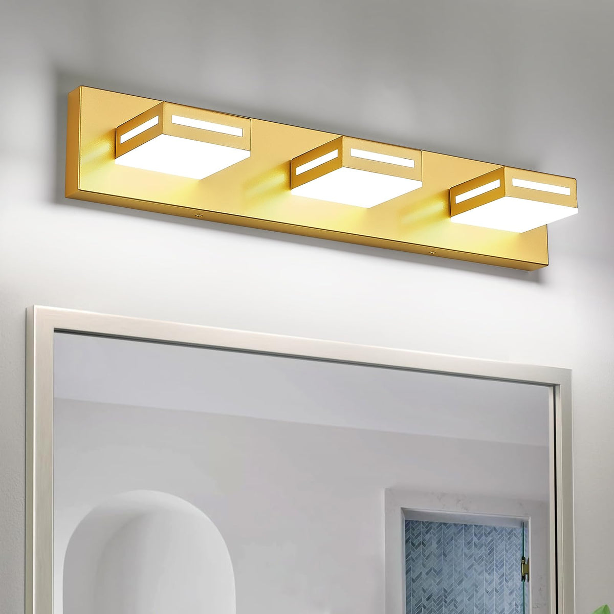 Donrao 24-inch three-light gold vanity light over mirror with glare-free diffusion.