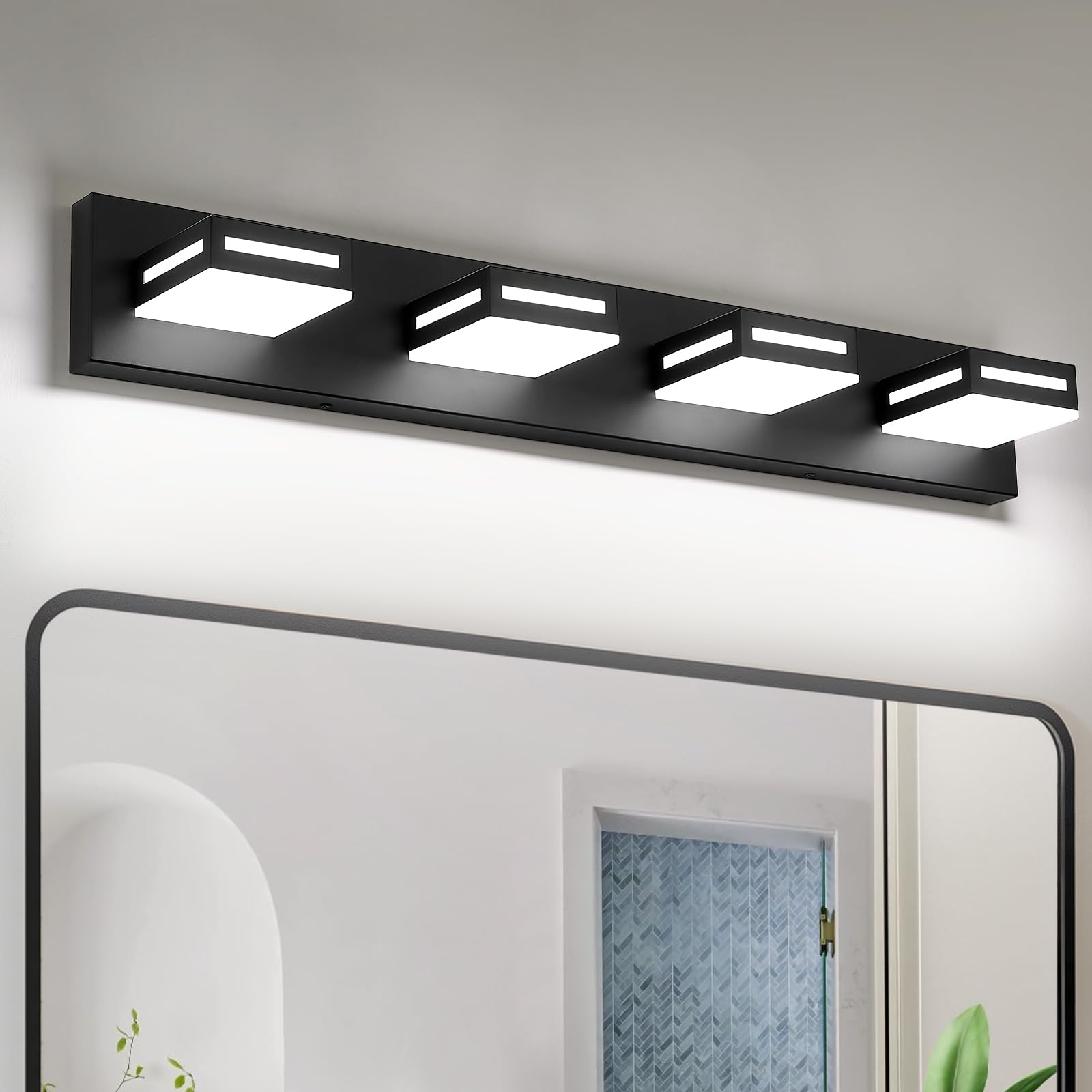 Donrao 30-Inch 4-Light Over-Mirror Black vanity light glare-free grooming illumination.