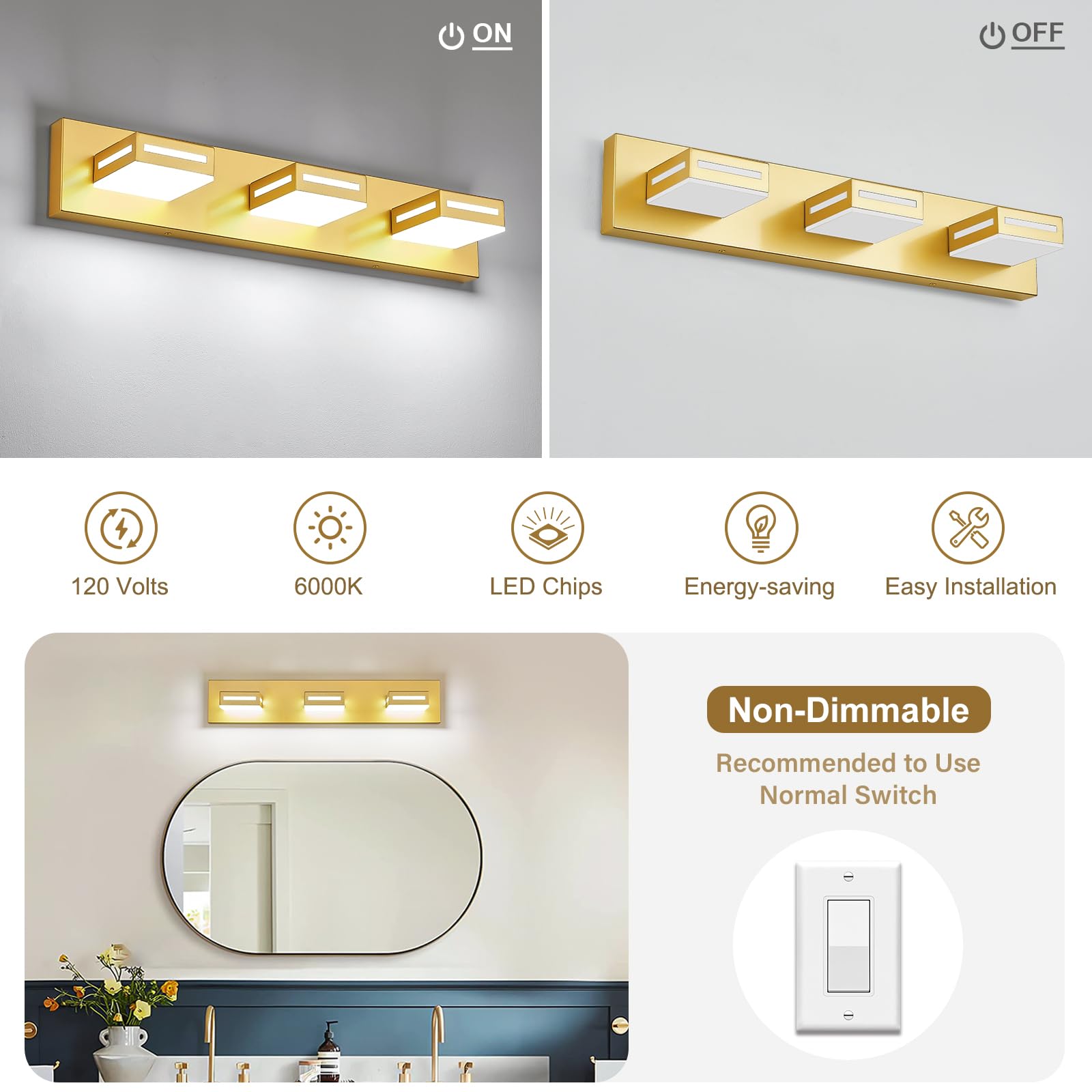 Donrao rotatable vanity light offering 350-degree adjustment in gold finish.