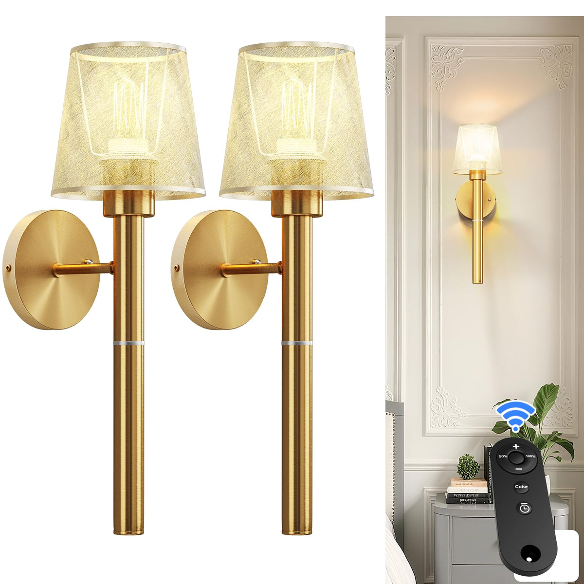 Donsis battery wall sconces front view in gold for hallway lighting