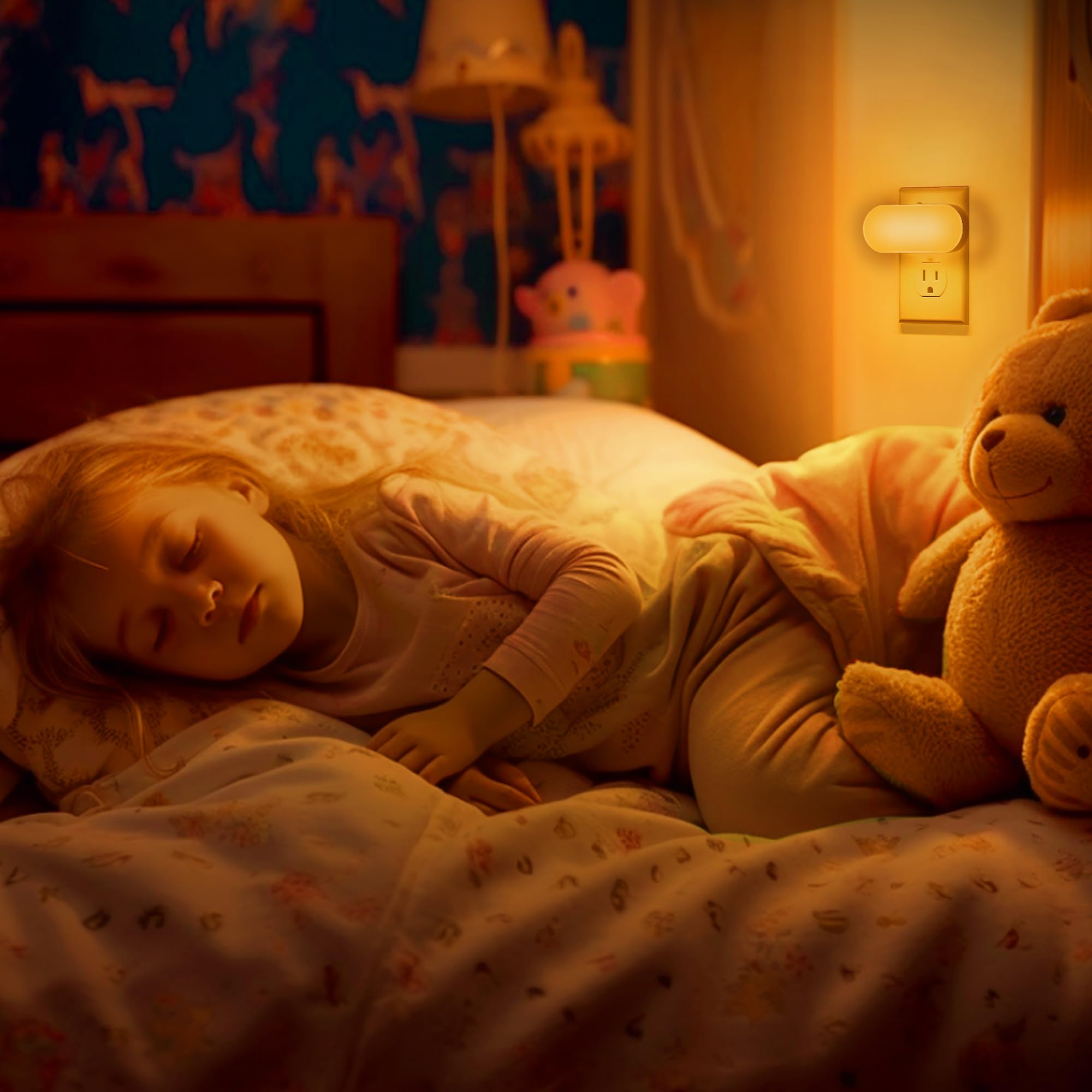 DORESshop Amber Night Light emits a warm amber glow in a bedroom setting