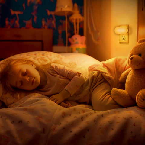DORESshop Amber Night Light emits a warm amber glow in a bedroom setting