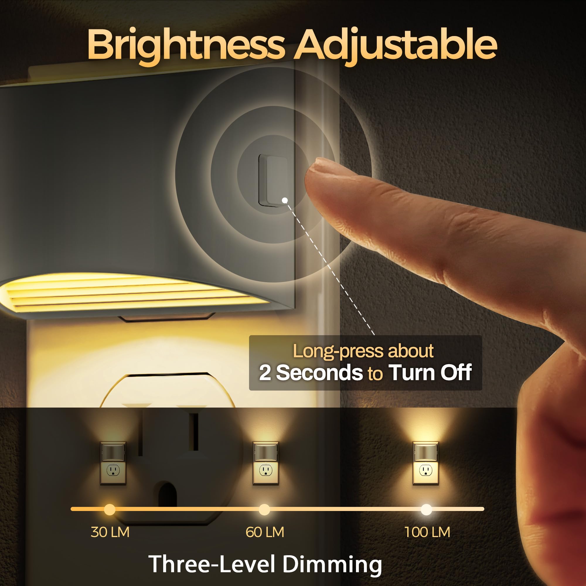 DORESshop wall-plug night light showing 3-level brightness in wall outlet