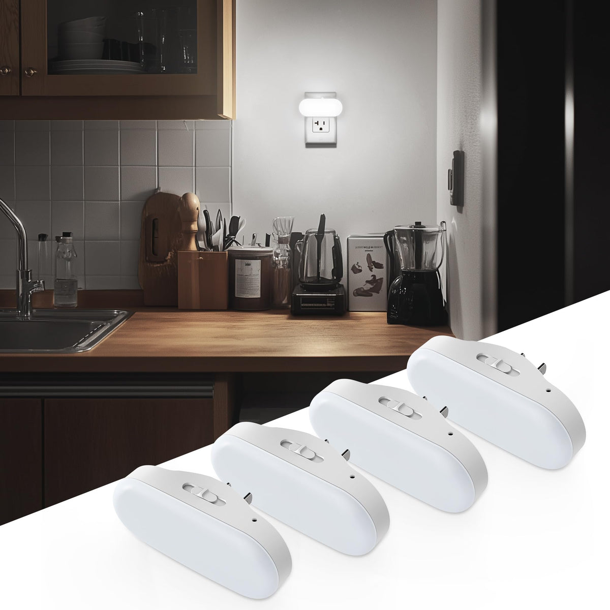 DORESshop Night Light plugged into wall outlet for gentle hallway visibility.
