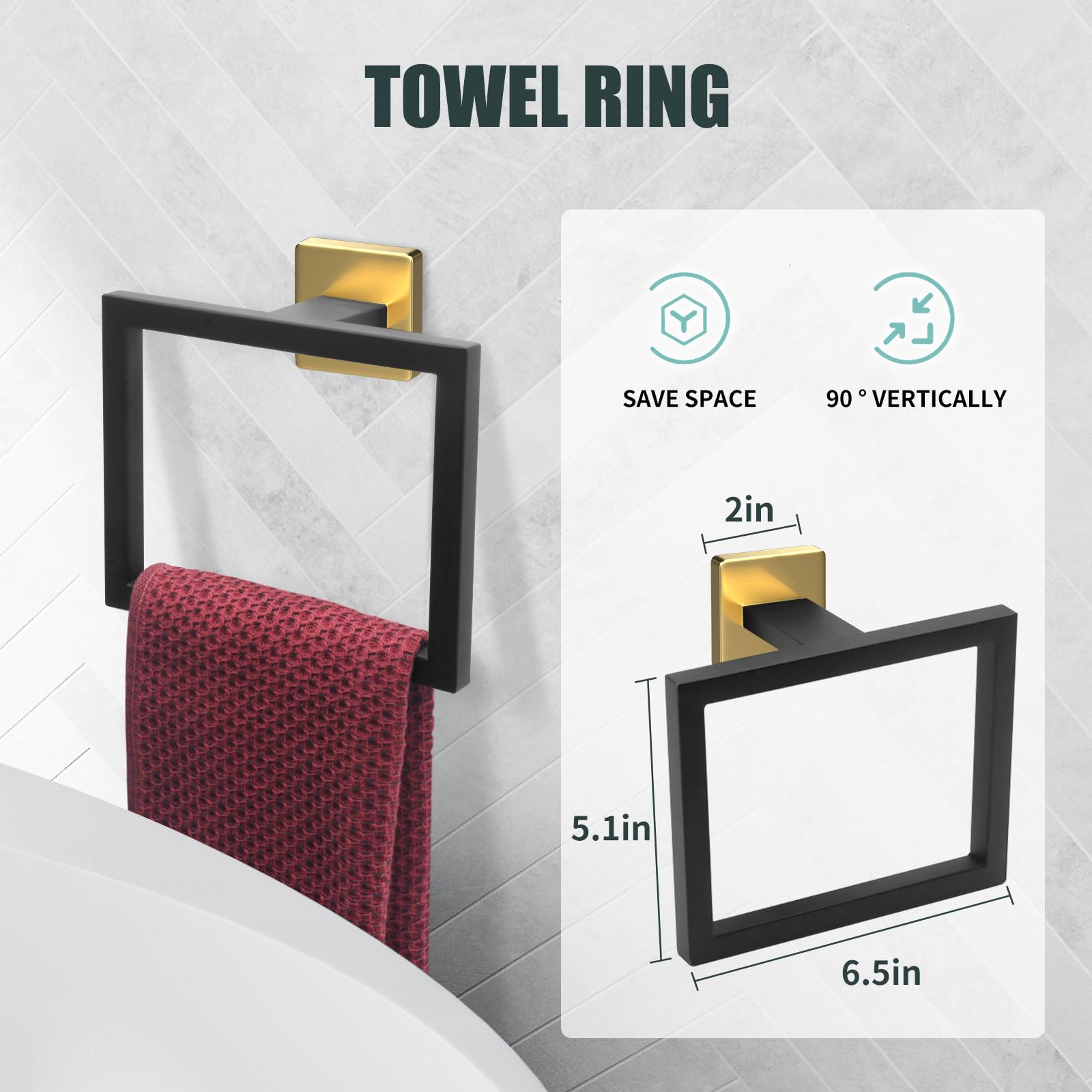 Dorudon atrox hand towel holder in black gold, convenient access near sink.