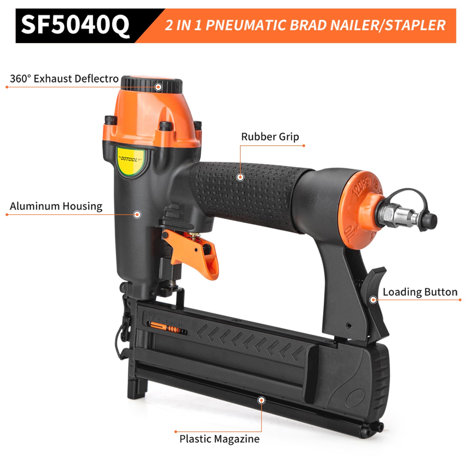 Dotool adjustable pressure and exhaust for controlled nail depth.