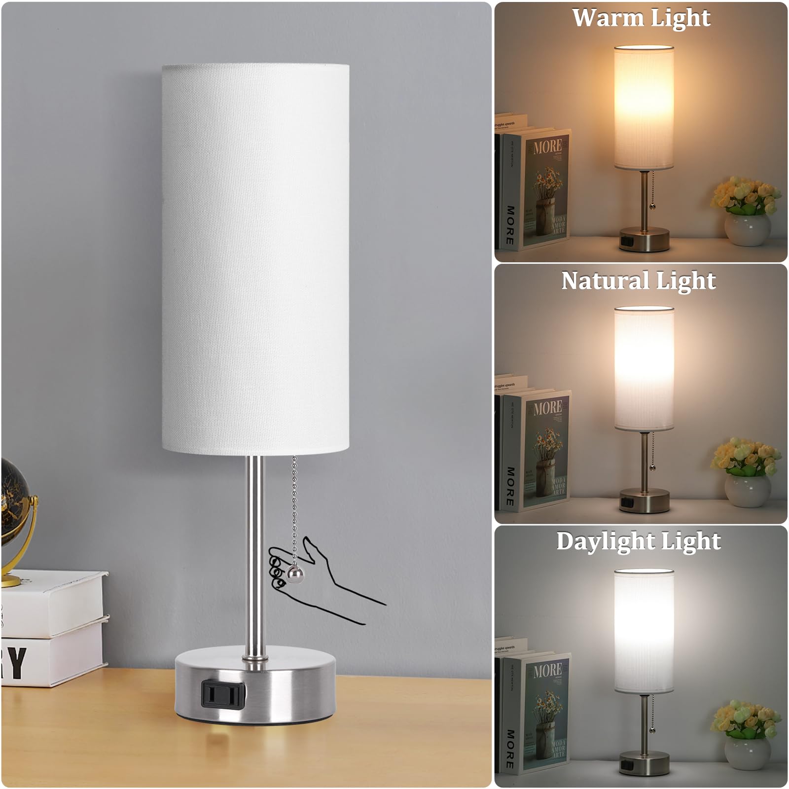 Dott Arts bedside lamp showing three color modes for reading or relaxing ambiance.