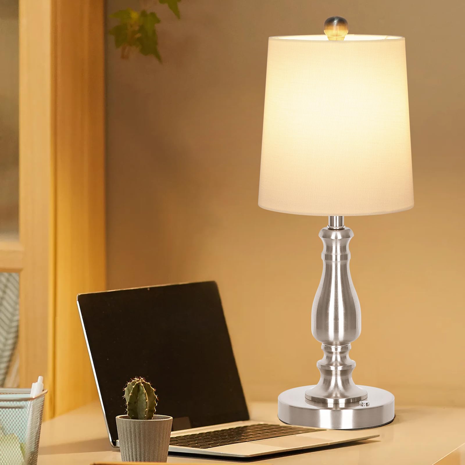 Dott Arts included LED bulbs provide immediate warm lighting