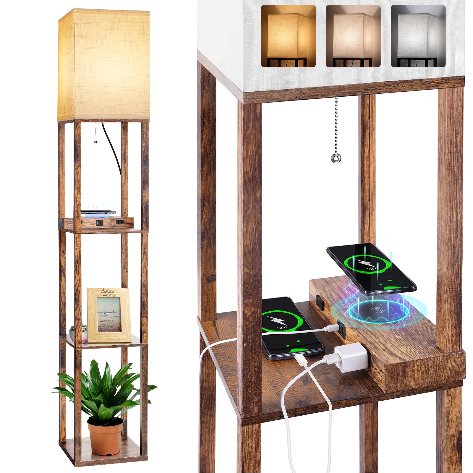 Dott Arts floor lamp with shelves and wireless charging keeps devices powered while you read