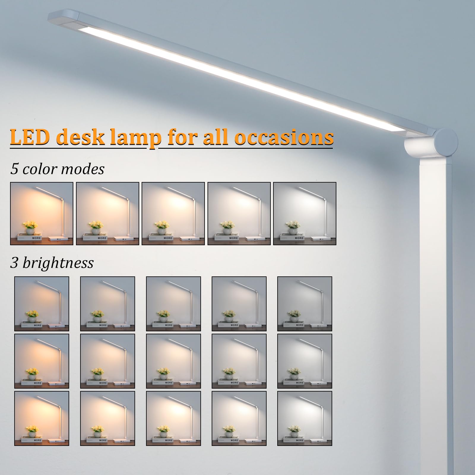 Dott Arts LED desk lamp arm extended shows 230-degree flexibility for precise lighting.