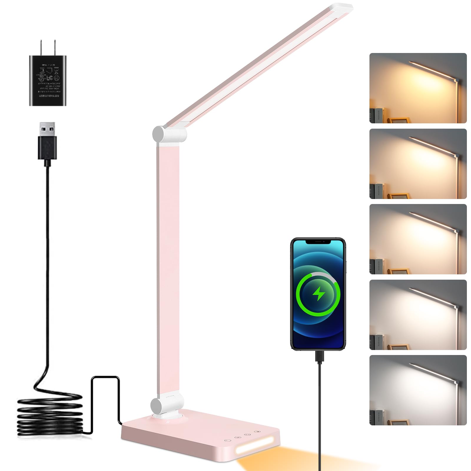 Dott Arts LED desk lamp pink front view highlighting easy touch dimming and color modes.