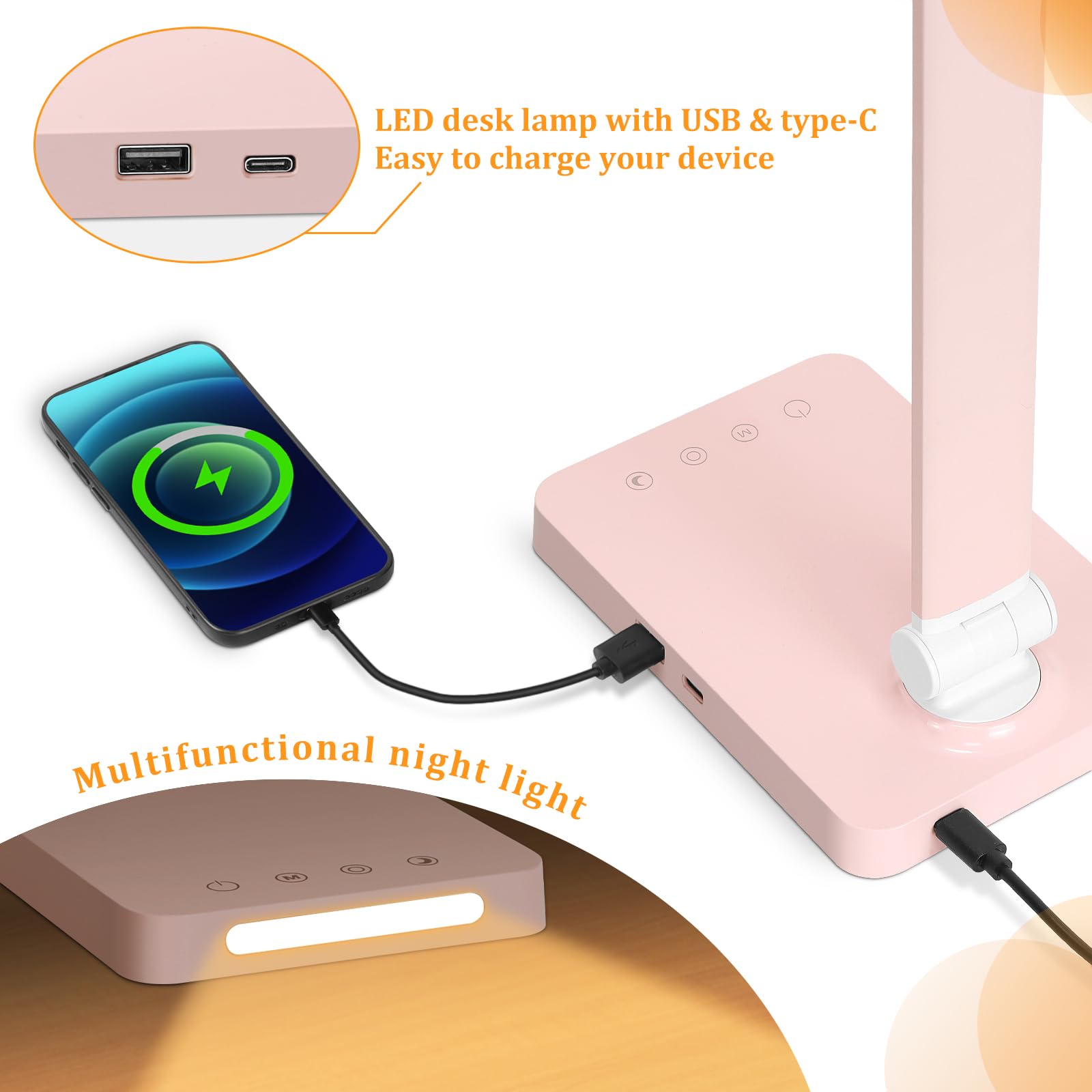 Dott Arts desk lamp with USB-A and USB-C ports for simultaneous charging.