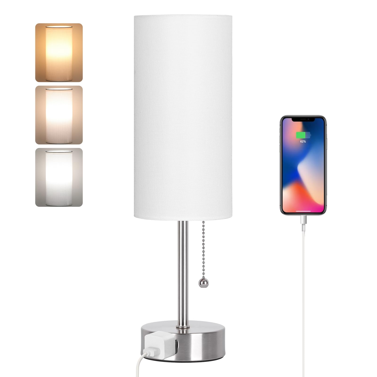Dott Arts table lamp with pull chain in nickel finish for easy nighttime operation.
