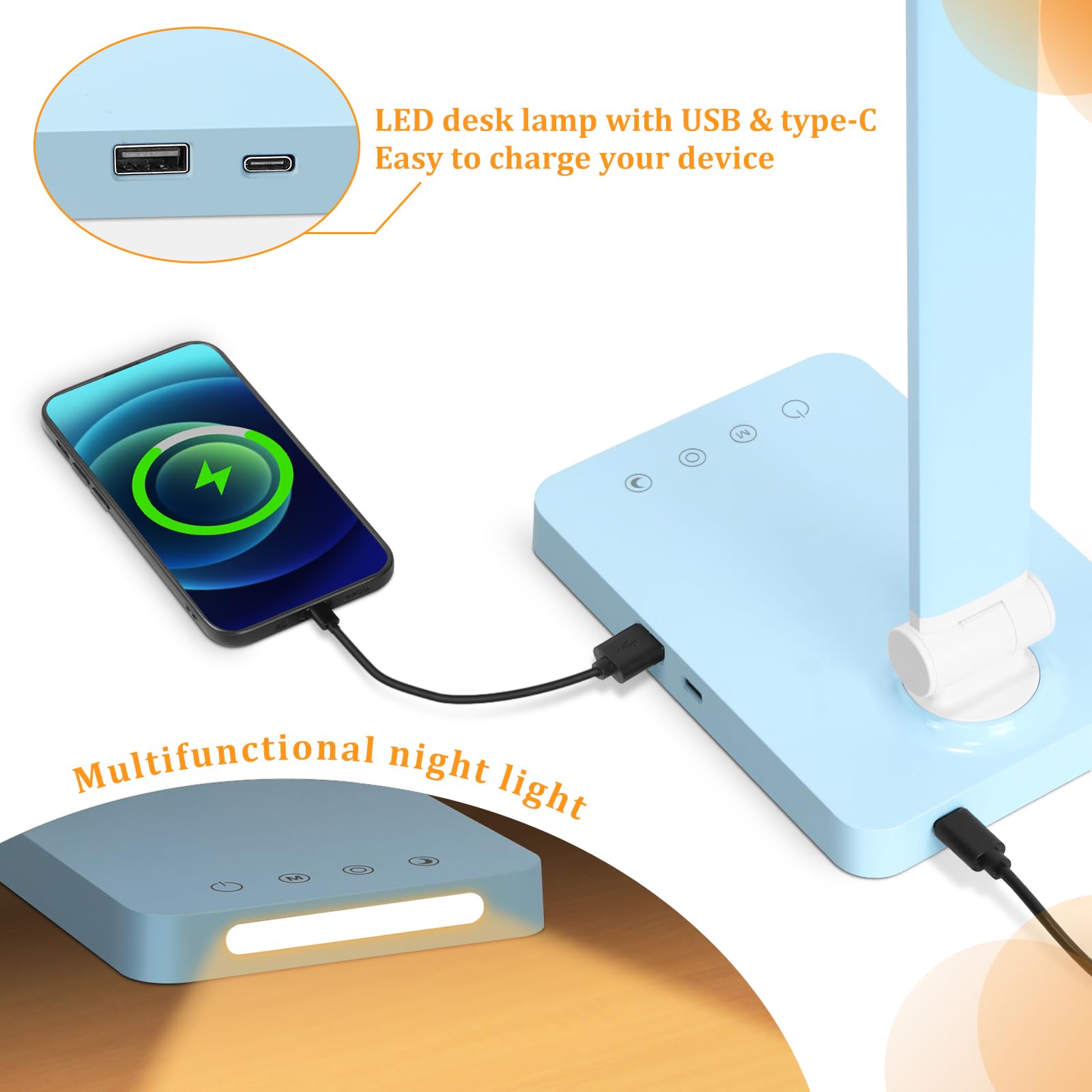 Lamp with USB-C and USB-A ports enabling simultaneous charging