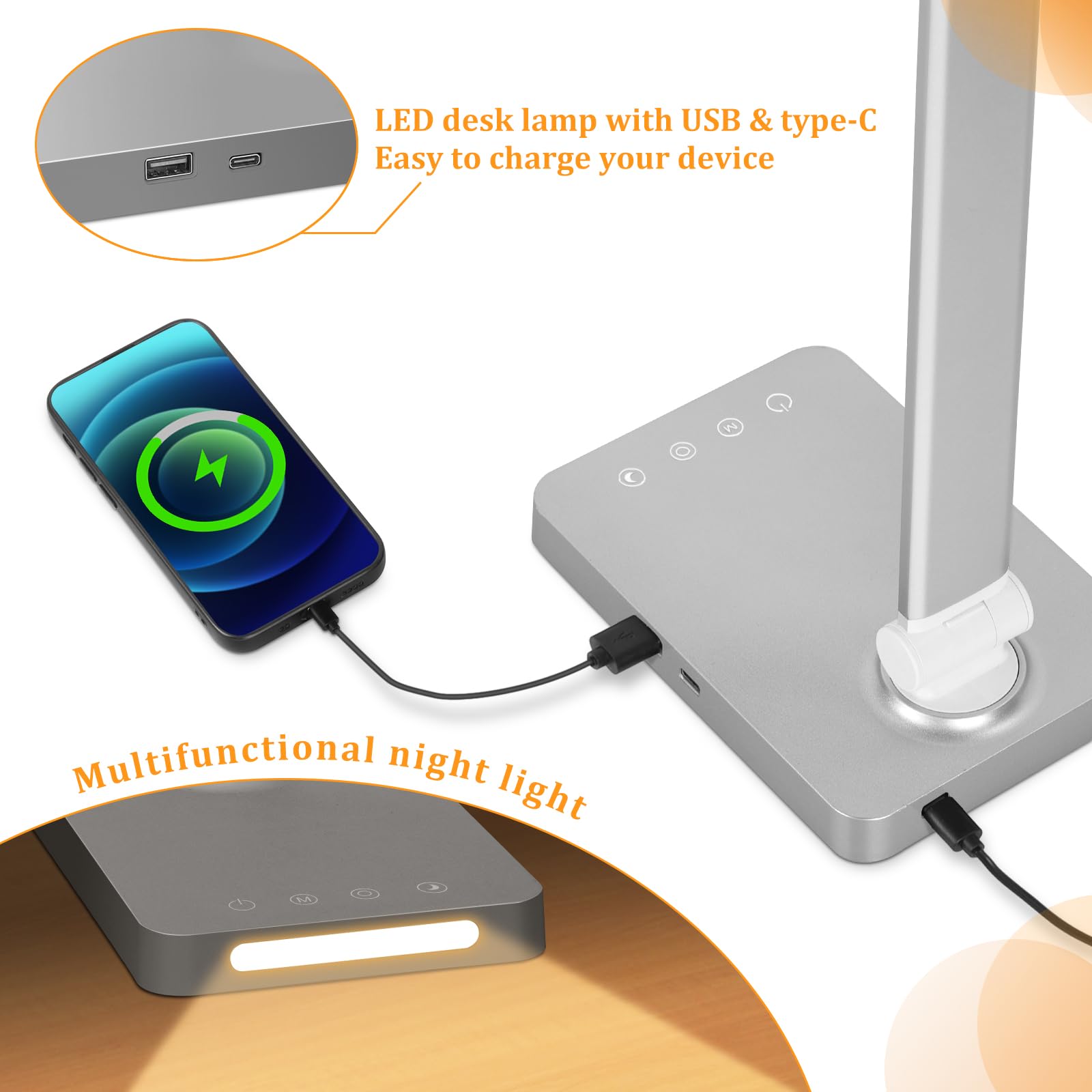 Dott Arts desk lamp with USB Type-C port and USB-A for multitasking charging.