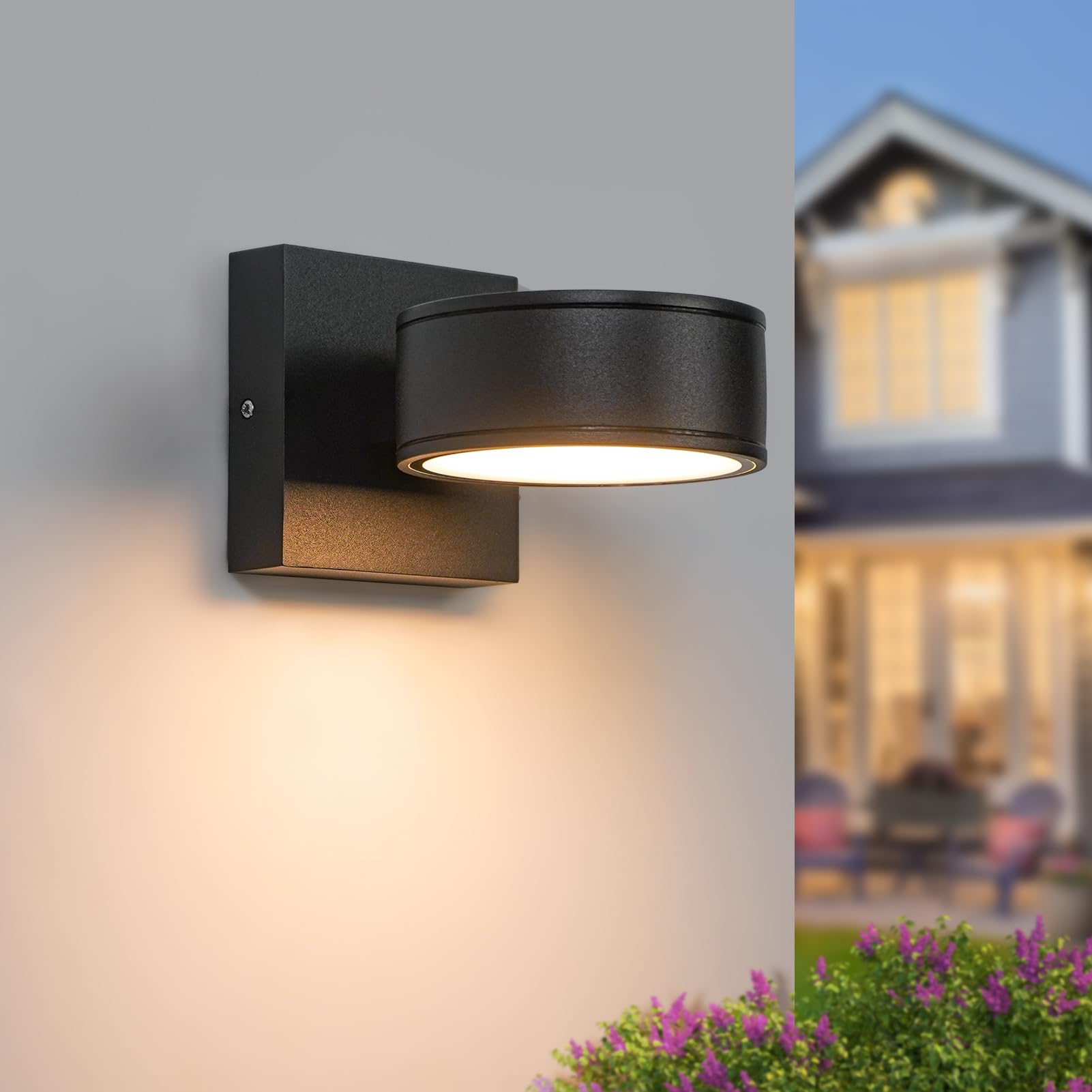 Double Century porch sconce square matte black with ambient outdoor lighting.
