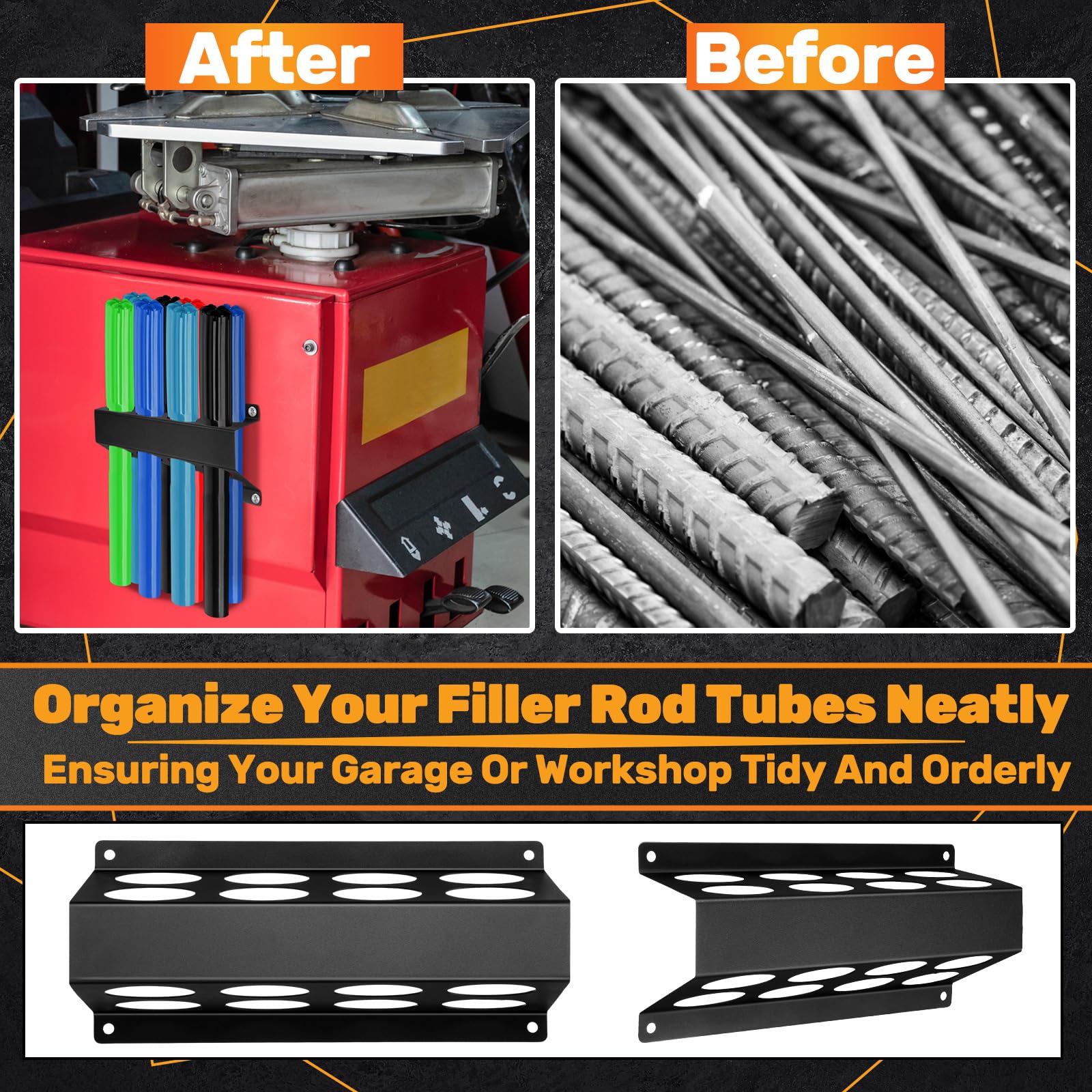 Workshop scene with DoubleFill rod storage keeping filler tubes organized.