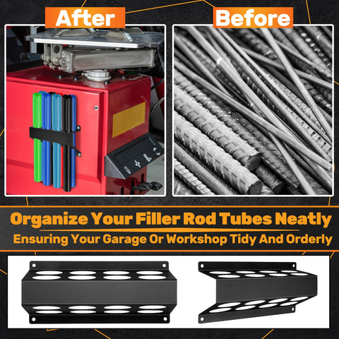 Workshop scene with DoubleFill rod storage keeping filler tubes organized.