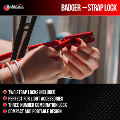 DoubleLock Badger Strap Lock securing a backpack with a resettable combination