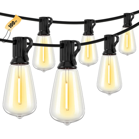 Doukedge 100FT LED outdoor string lights bulbs closeup showing warm ambient glow