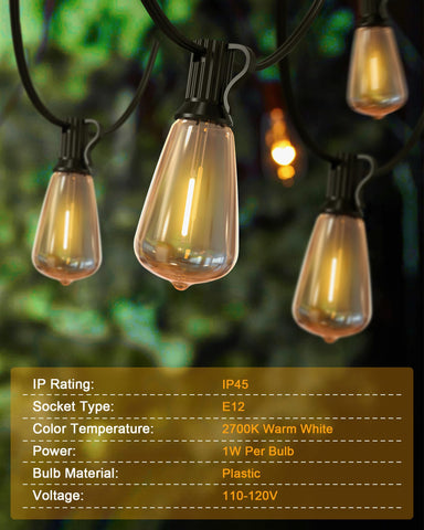 Doukedge 100FT LED outdoor string lights warm white 2700K for cozy evenings