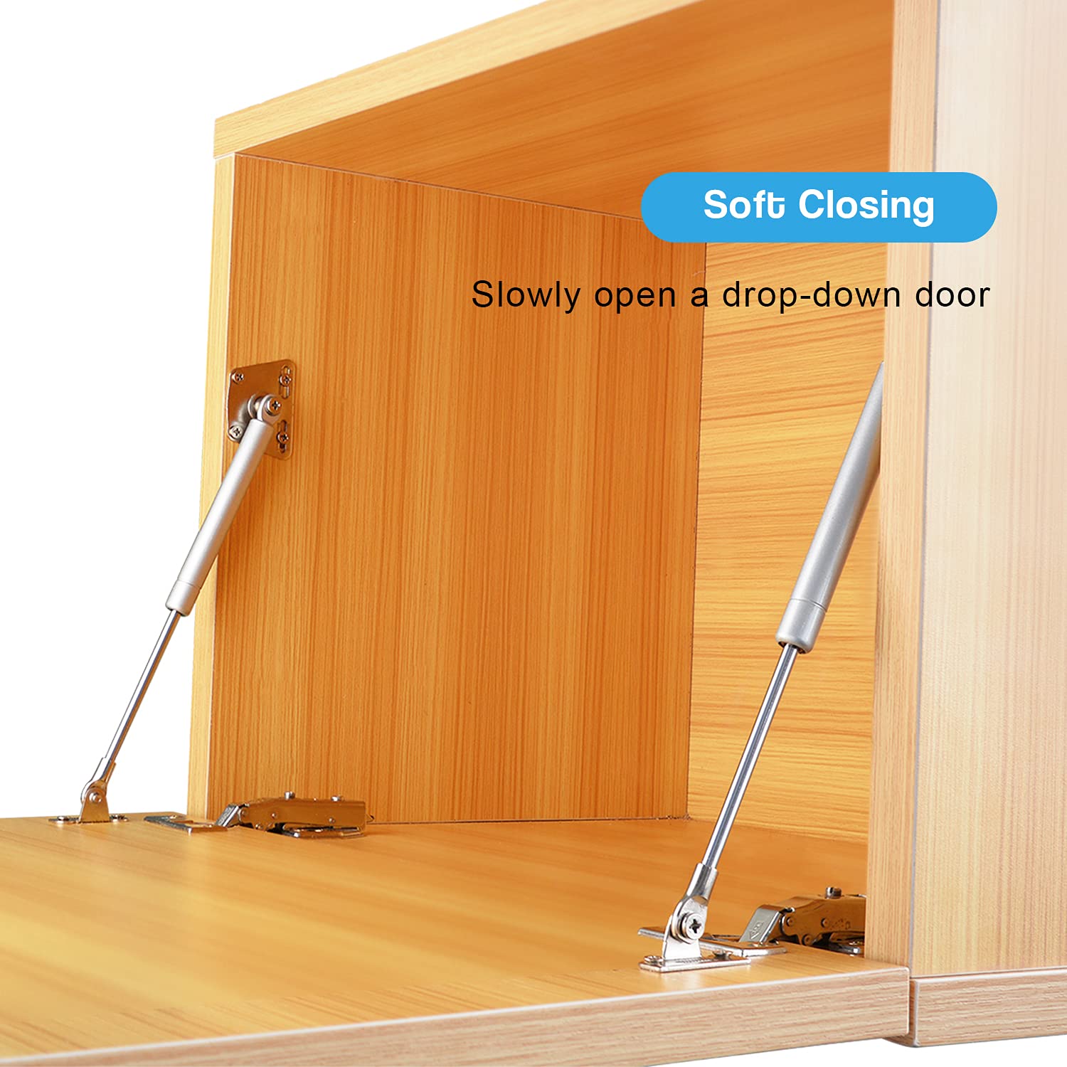 Douper 100N gas spring hinge on a desk drop leaf enabling smooth opening.