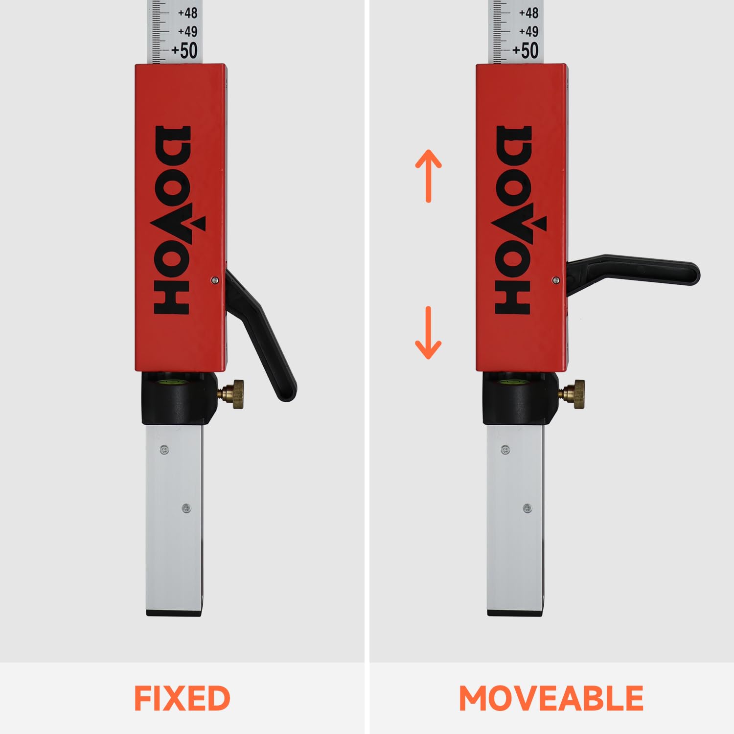 DOVOH grade rod shows aluminum construction for rugged job-site use.