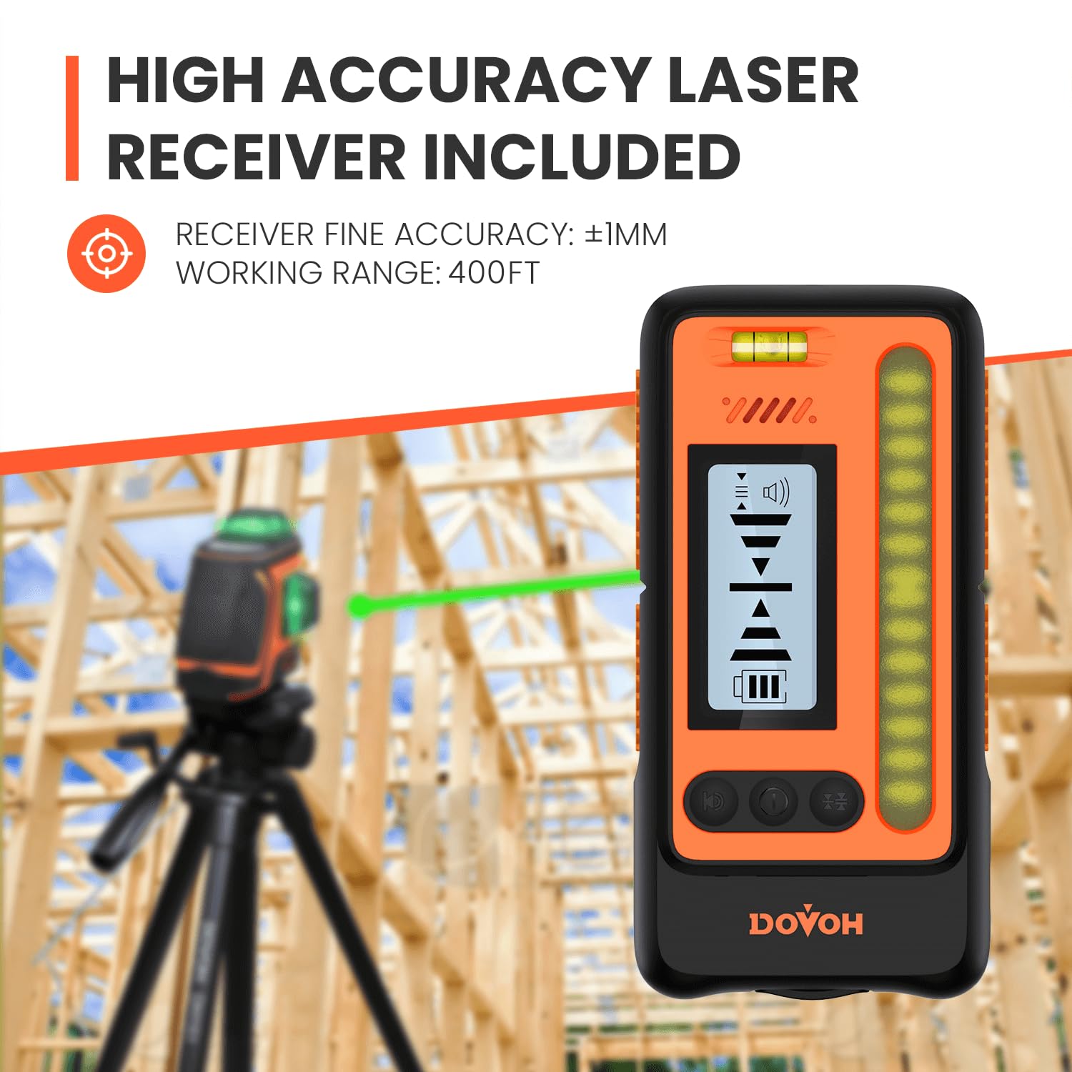 DOVOH H3-360G receiver detects laser signals for outdoor accuracy under sun.