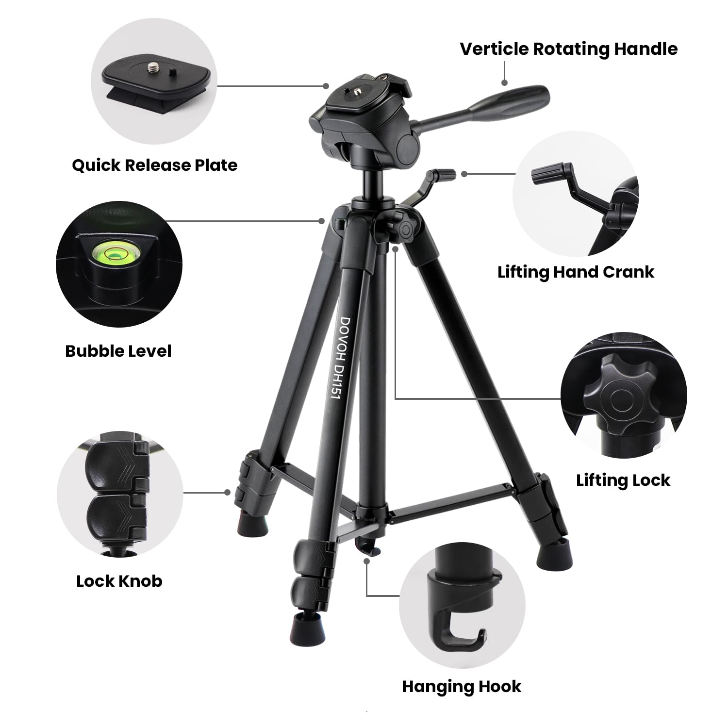 DOVOH tripod center column adjustable for precise framing.