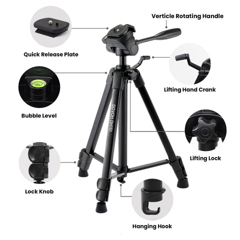 DOVOH tripod center column adjustable for precise framing.