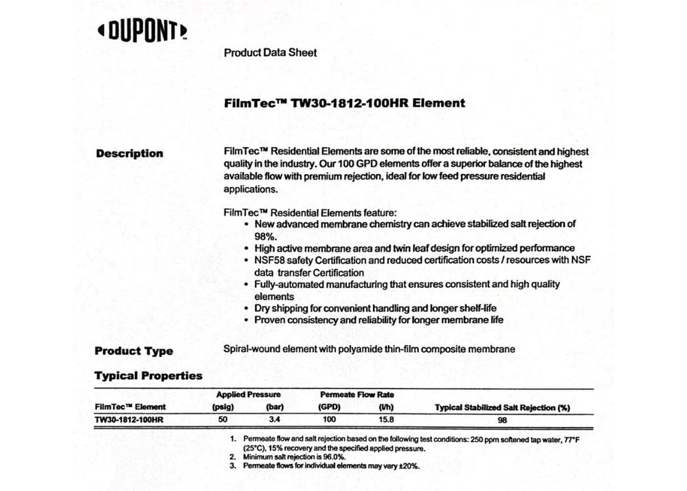 Dow FilmTec TW30-1812-100HR dry shipped membrane, ready for quick installation