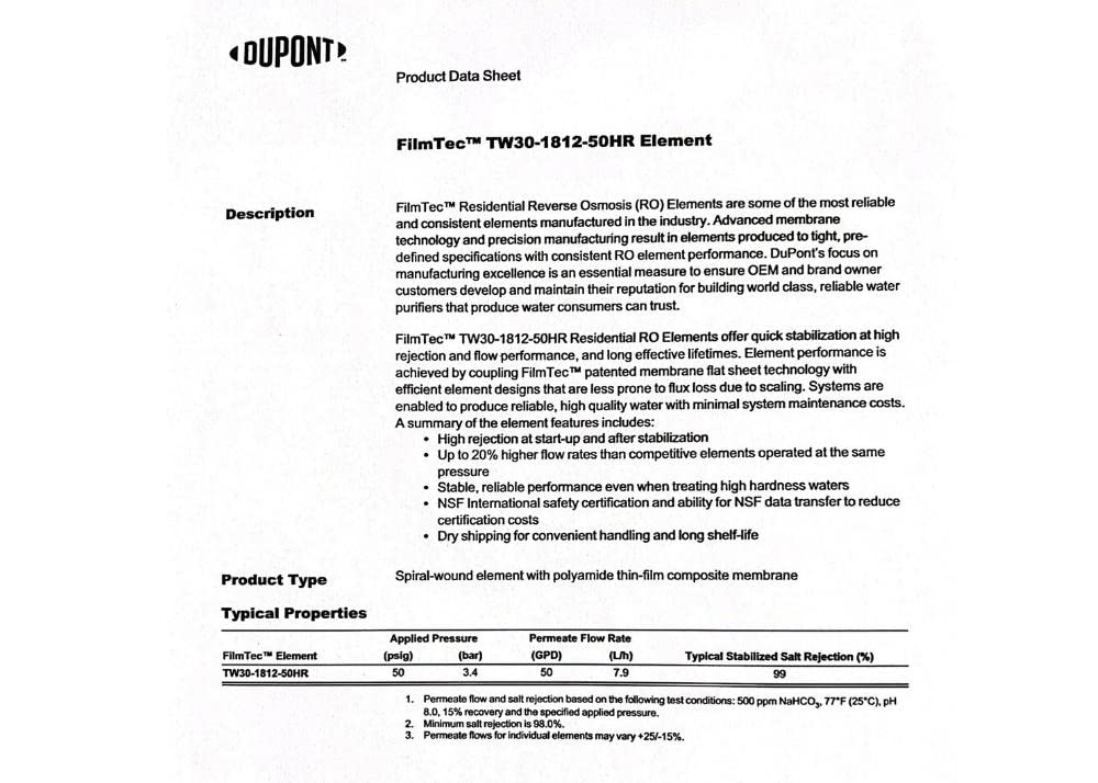 Dow FilmTec TW30-1812-50HR membrane label close-up for identification