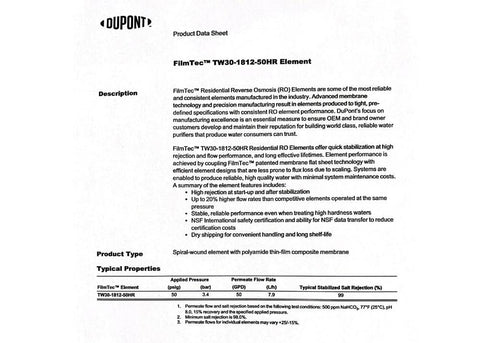 Dow FilmTec TW30-1812-50HR membrane label close-up for identification