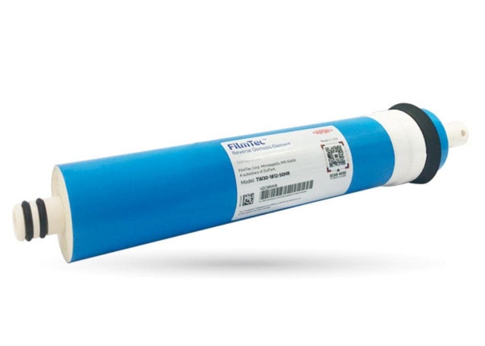 Dow FilmTec TW30-1812-50HR membrane angled view showing undersink RO compatibility and precision
