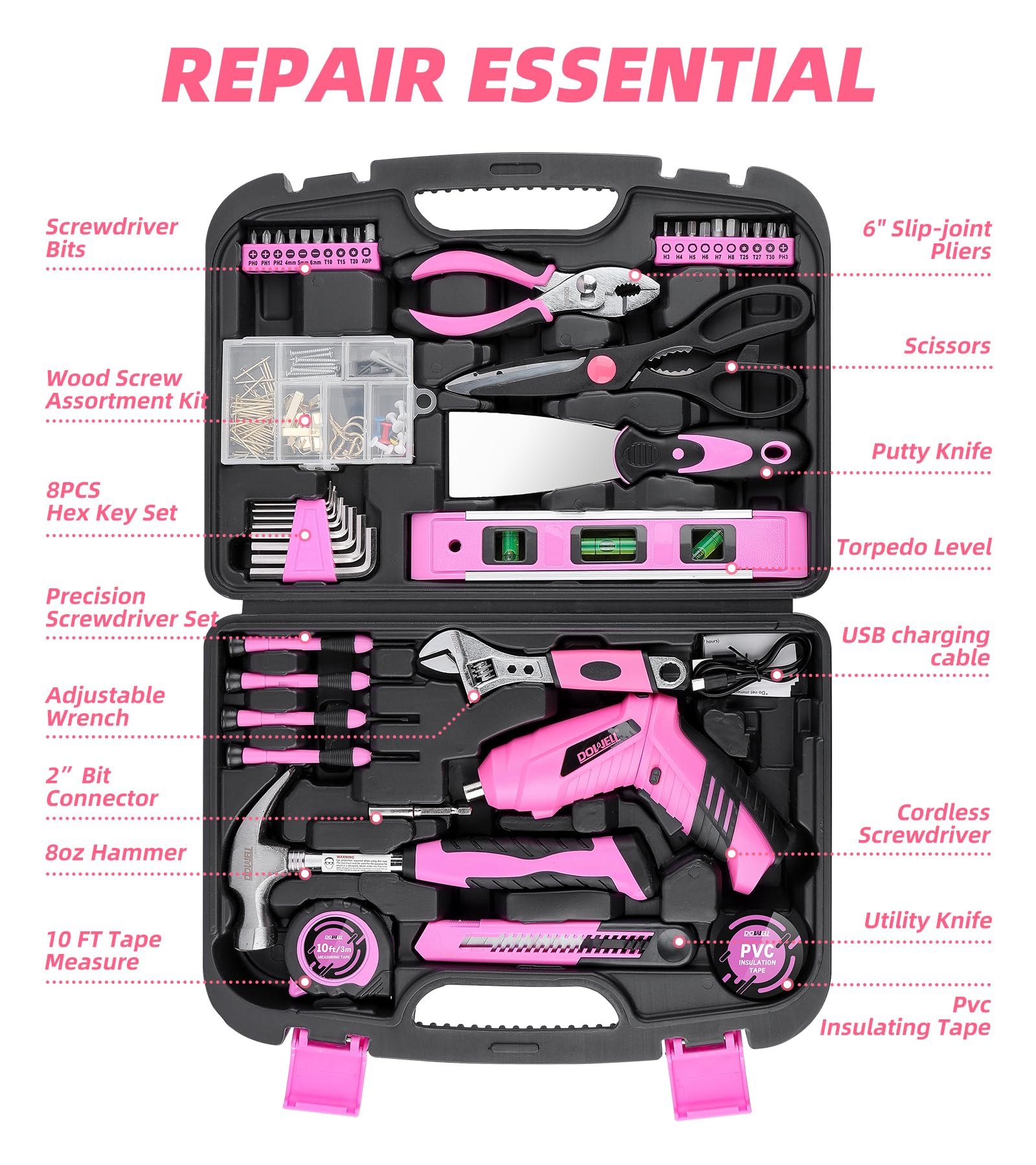 DOWELL pink cordless screwdriver with LED lights for precise screw driving