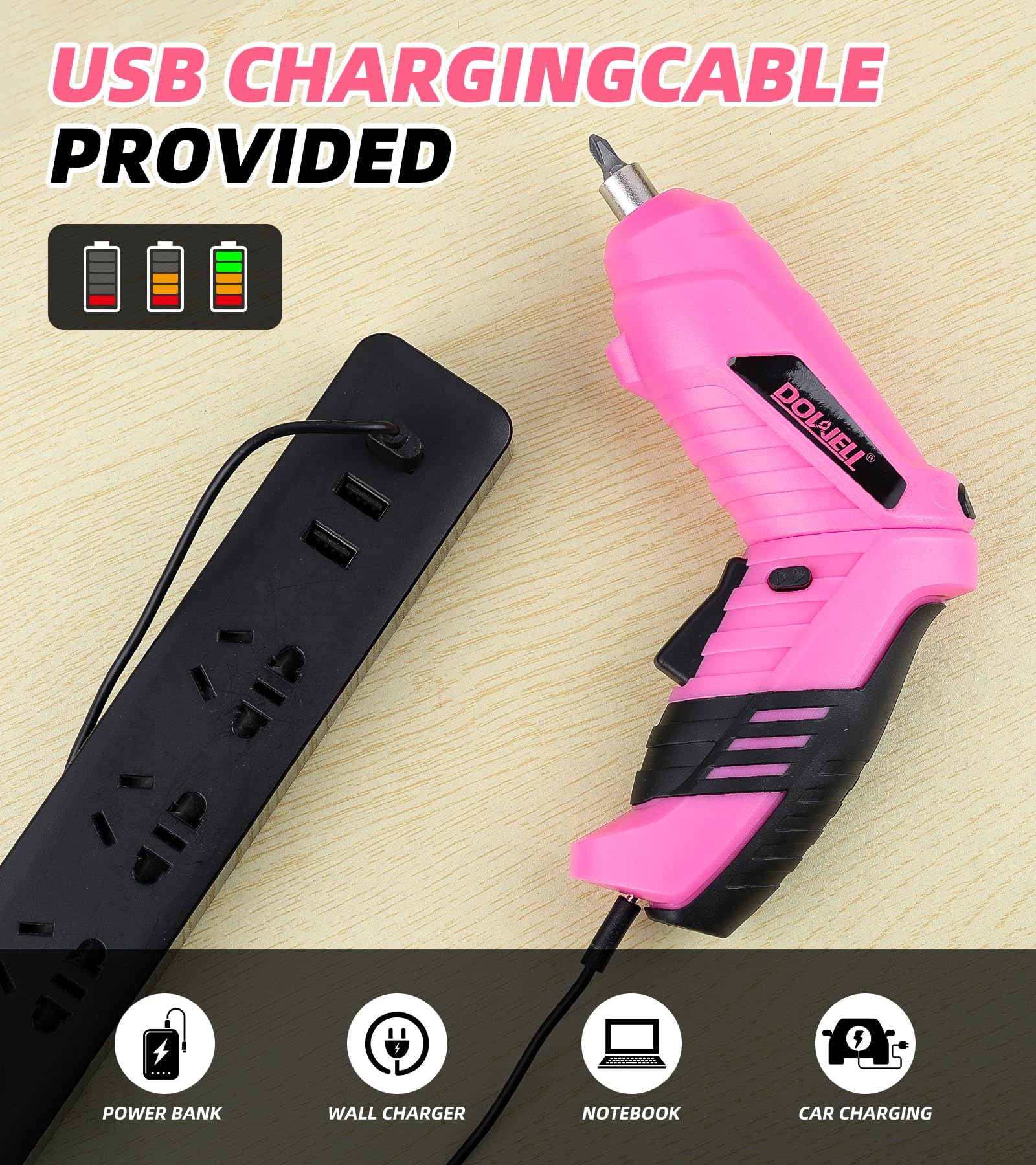 DOWELL rotating-handle screwdriver with straight and gun modes for versatility.
