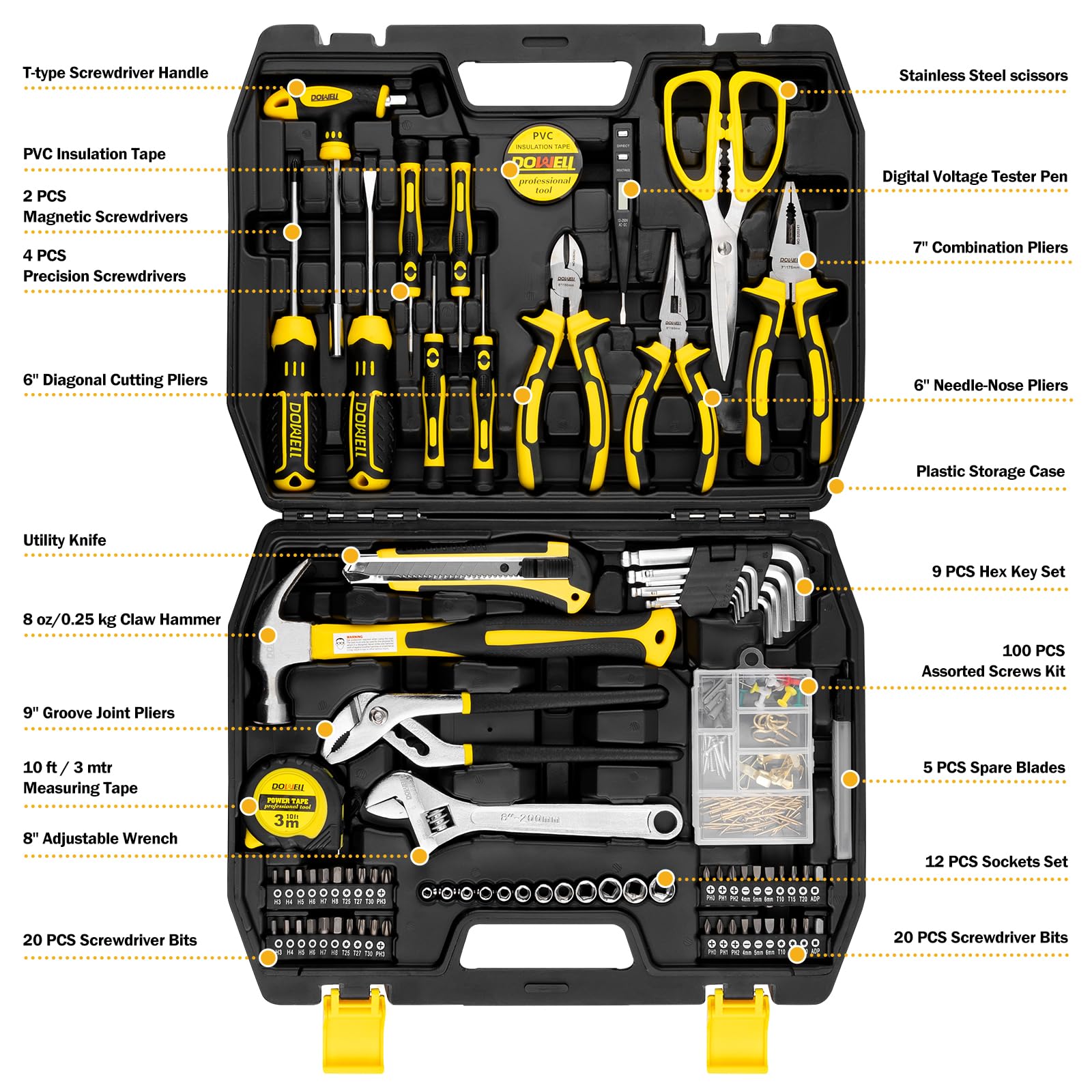 DOWELL tool set ergonomic grip handles support comfortable extended sessions.