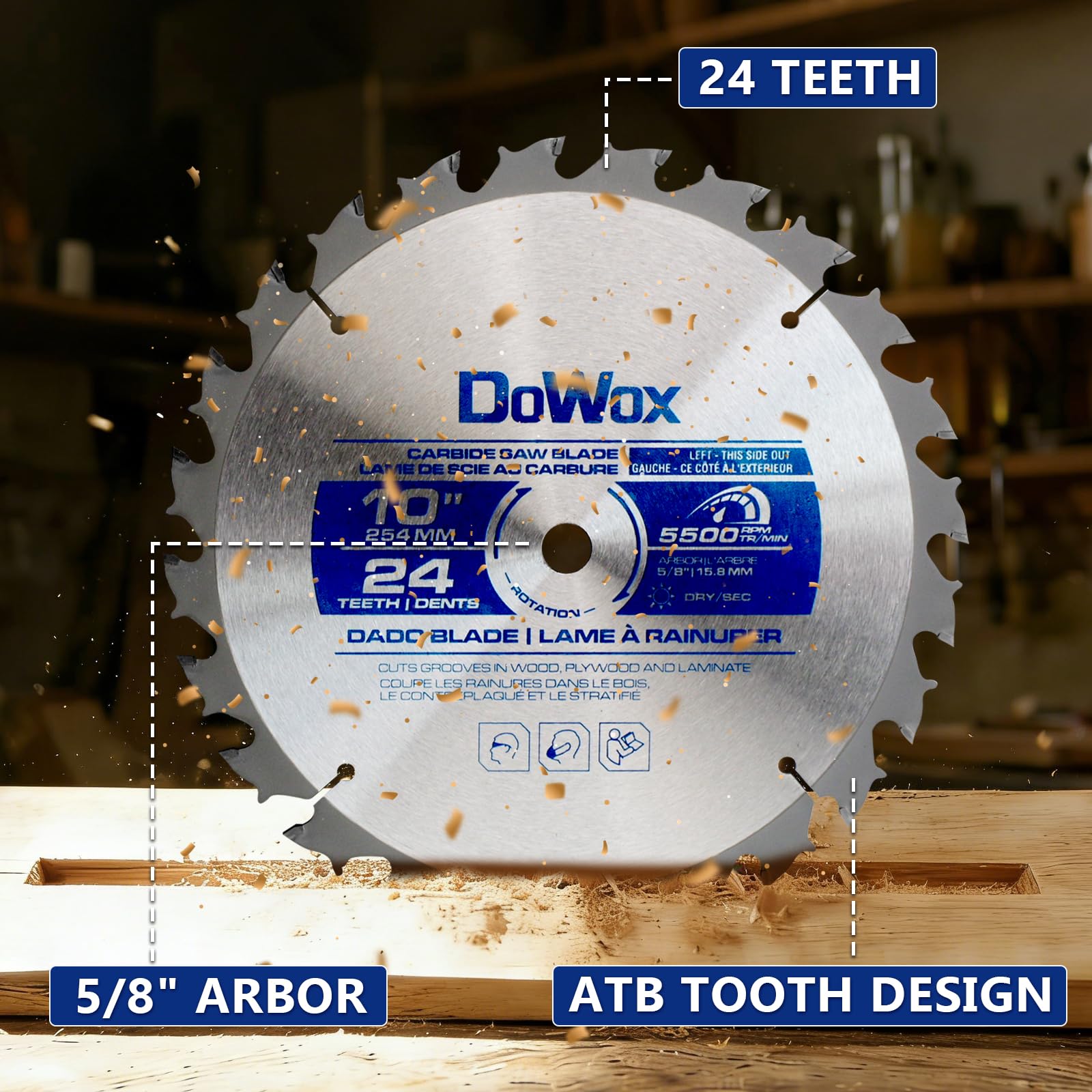 DOWOX 10in carbide dado outer blade pack enables wide setup options.