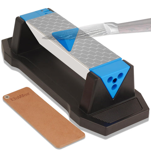 Dowox sharpening stone kit with 3-sided grit for versatile edge restoration.