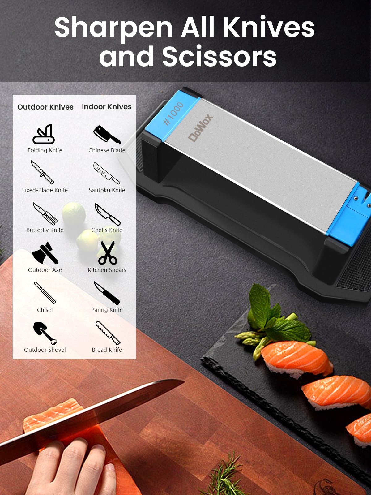 Dowox sharpening setup fits kitchen knives and outdoor tools.