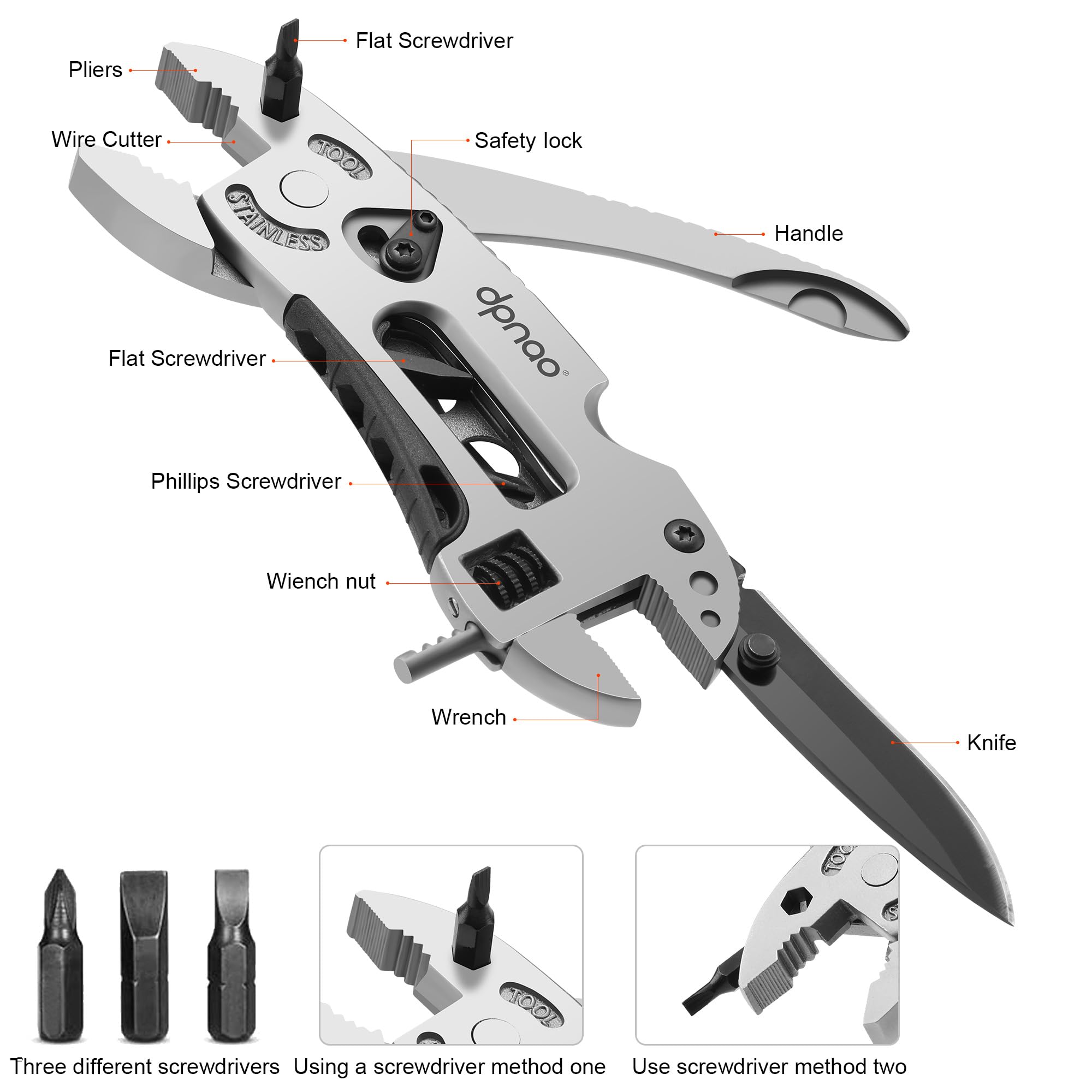 The dpnao multitool wrench open, showcasing pliers and knife.