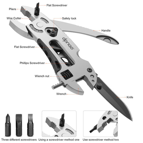 The dpnao multitool wrench open, showcasing pliers and knife.
