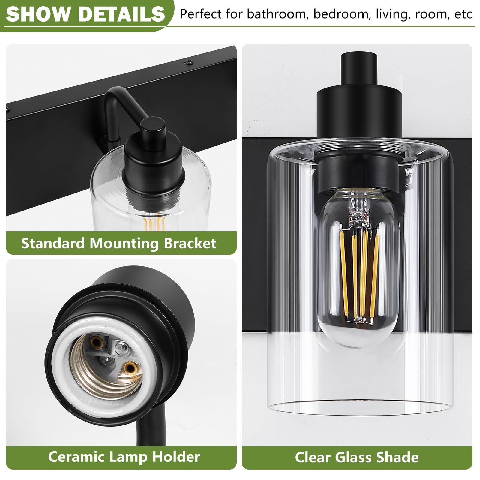 Dpyrrhic matte black metal base offers durable, stylish bathroom lighting