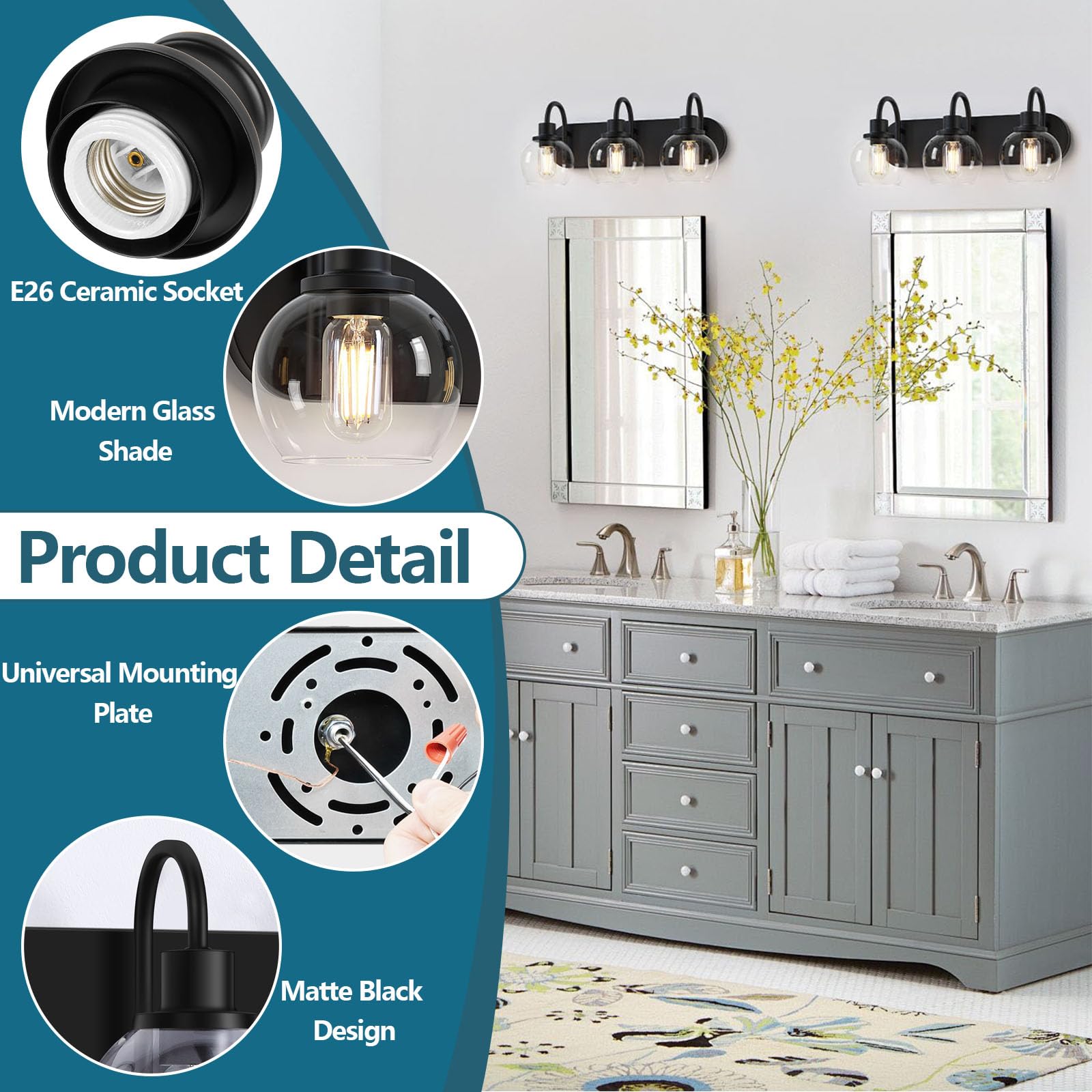 Dpyrrhic vanity light with clear glass shades shown on mirror setup
